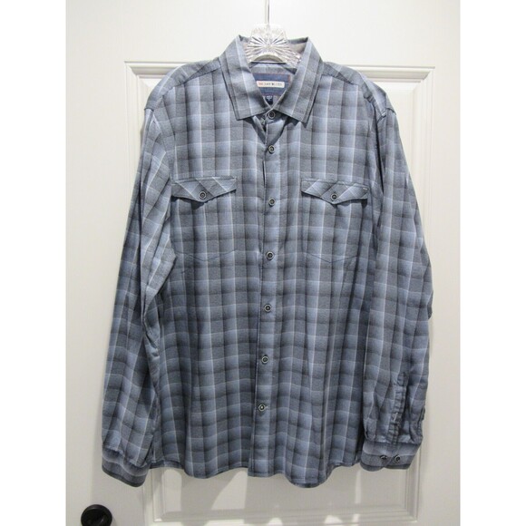 32 Bar Blues Abstract Check Plaid Gray Blue Button Down Shirt Long Sleeve Men XL - Picture 8 of 11